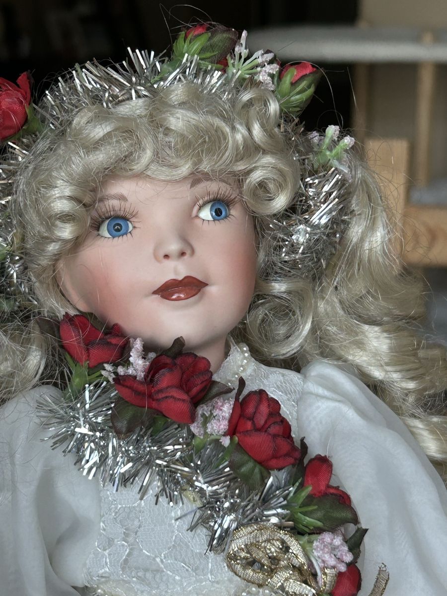 Collectible Porcelain Doll Blonde Curly Hair White Dress Flower Garland