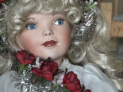 Collectible Porcelain Doll Blonde Curly Hair White Dress Flower Garland