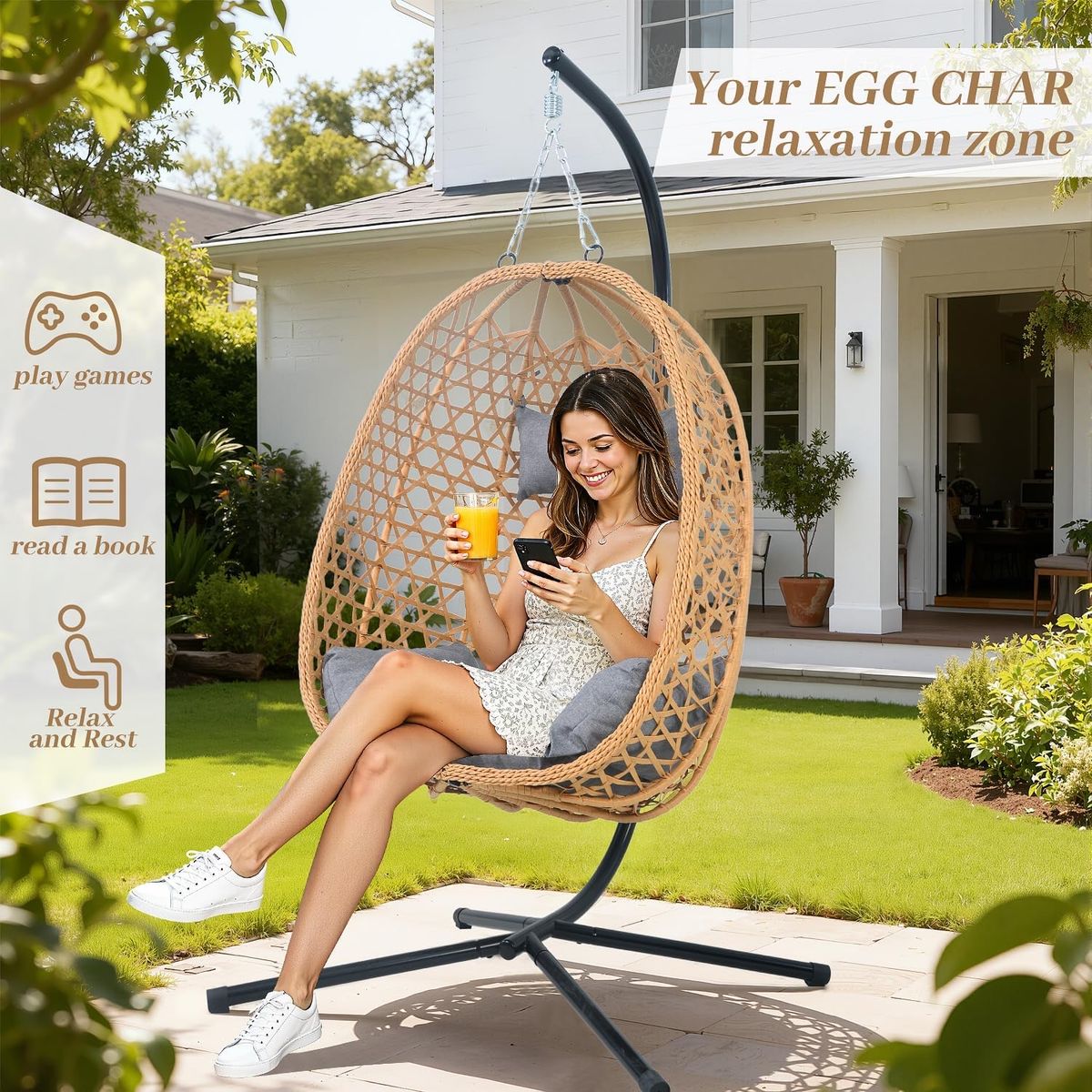 Egg-Shaped Hanging Chair with Cushions – Comfortable Rattan Swing Chair with Stand for Patio, Garden