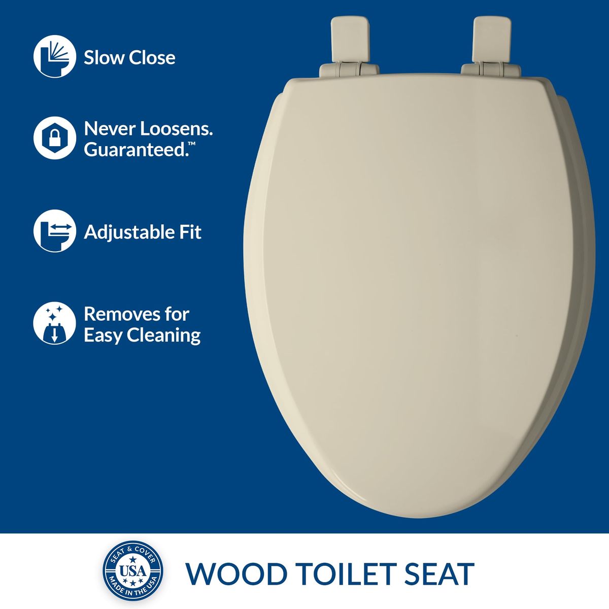 Mayfair Cassel Slow Close Toilet Seat, Easy Clean, Non Slip Premium Wood Seat, Easy Install, Made in USA, Elongated, Bone