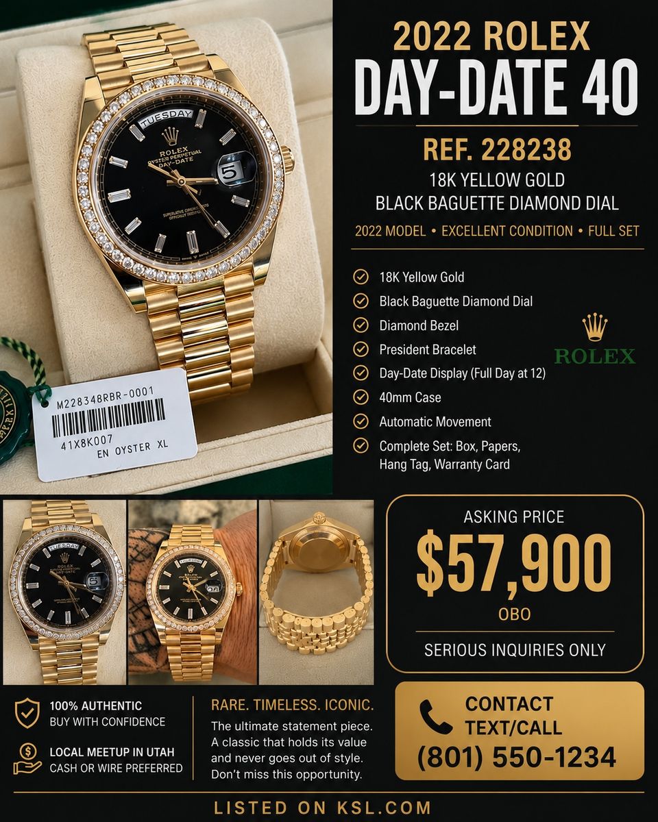 2022 Rolex Day-Date 40 228238 – 18K Yellow Gold – Black Baguette Diamond Dial