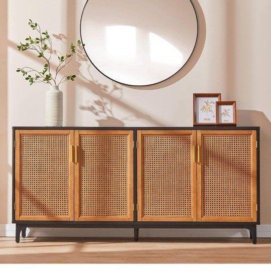 Modern Black Sideboard Buffet Cabinet with Woven Natural Rattan Doors