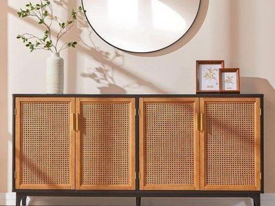 Modern Black Sideboard Buffet Cabinet with Woven Natural Rattan Doors