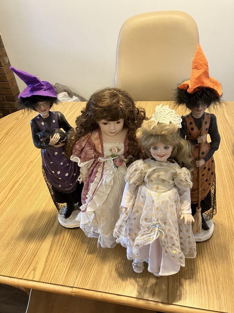 FREE 2 Porcelain Dolls And 2 Witch statue Dolls