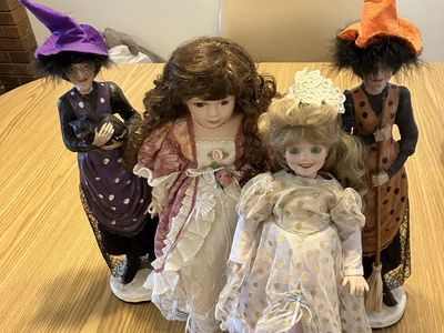 FREE 2 Porcelain Dolls And 2 Witch statue Dolls