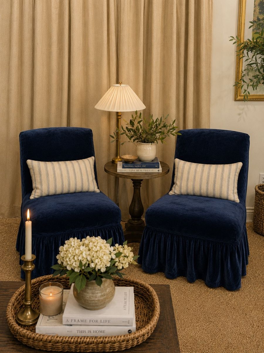 Pottery Barn Armless Accent Chairs with Navy Blue Velvet Slipcovers