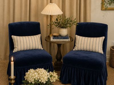 Pottery Barn Armless Accent Chairs with Navy Blue Velvet Slipcovers