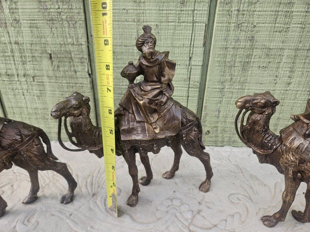 Vintage Metal Three Kings on Camels Figurine Set - Nativity Decor, Bronze Finish, 9" Tall