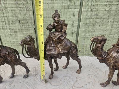 Vintage Metal Three Kings on Camels Figurine Set - Nativity Decor, Bronze Finish, 9" Tall