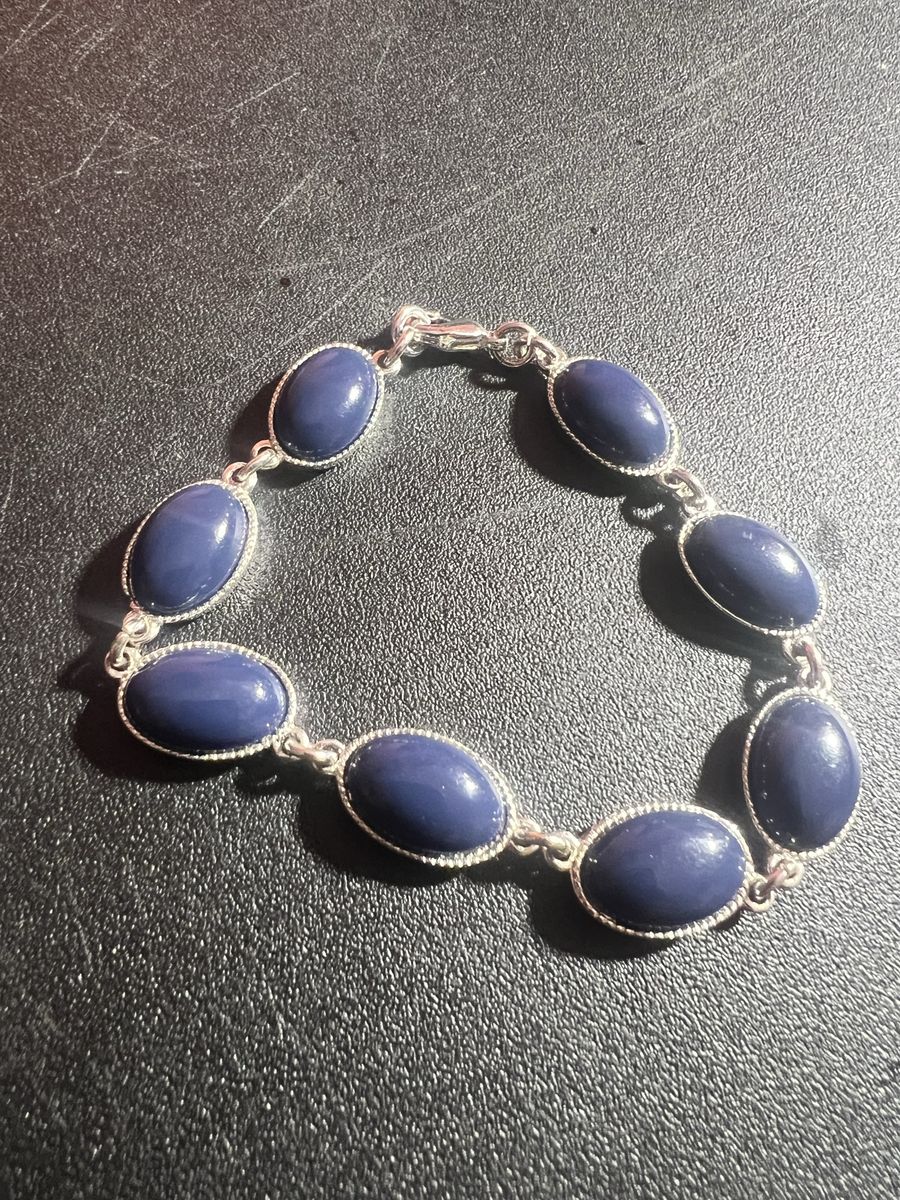 Silver-Toned Oval Link Bracelet with Blue Cabochon Stones - Elegant Statement Piece