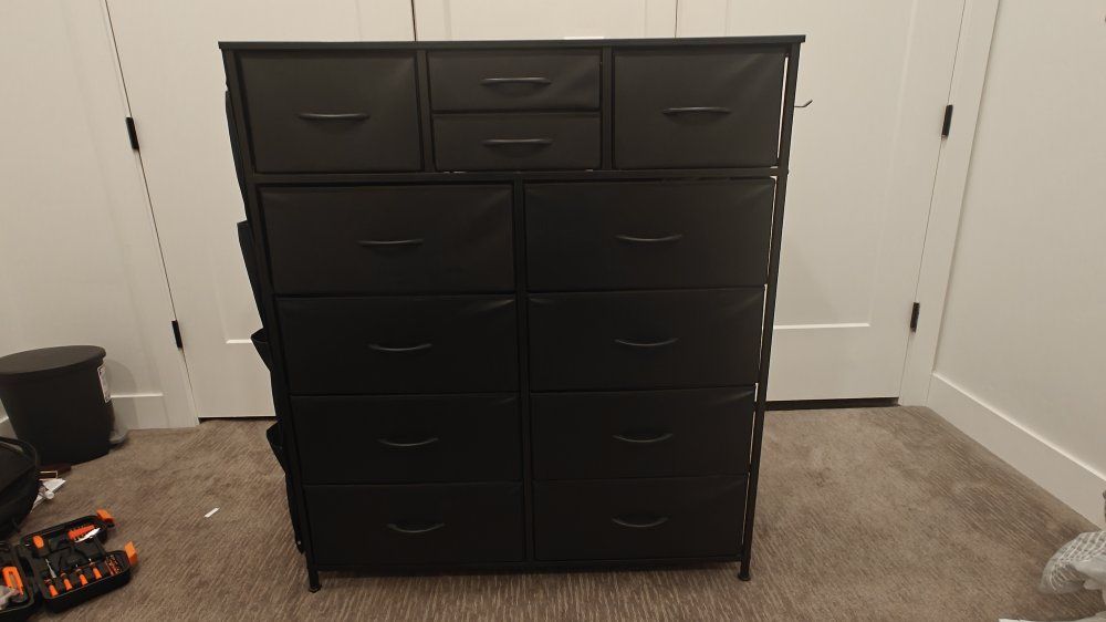 Black Fabric Storage Dresser Chest with 12 Drawers & Side Pockets, Steel Frame, 44.6"H