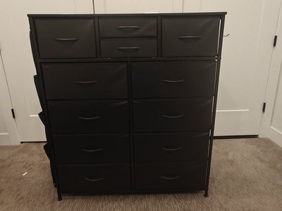 Black Fabric Storage Dresser Chest with 12 Drawers & Side Pockets, Steel Frame, 44.6"H