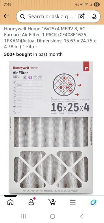 Honeywell Home 16x25x4 MERV 11 AC Furnace Air Filter, Model FC100A1029.  2 pack