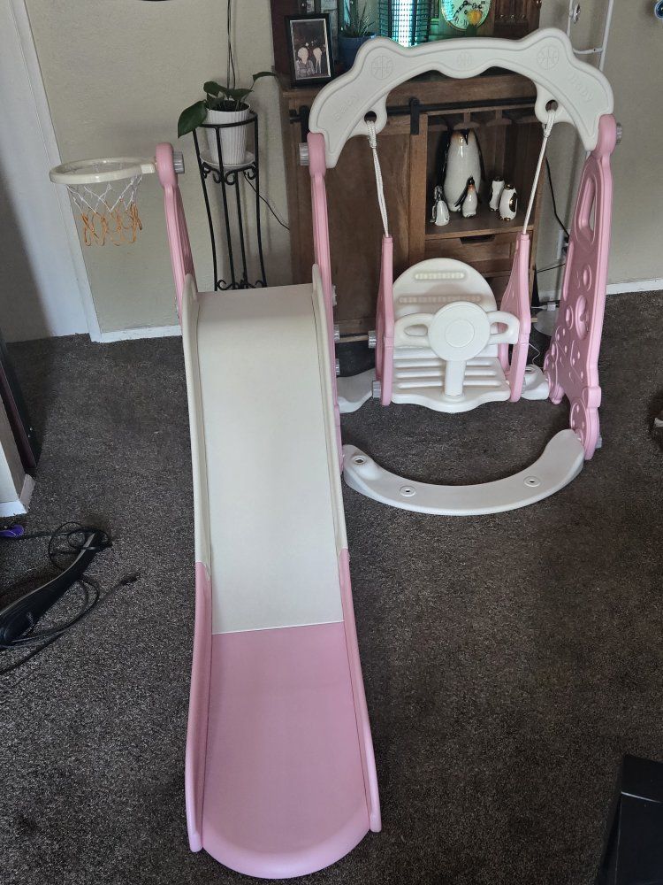 Pink and White 3-in-1 Toddler Slide and Swing Set with Basketball Hoop
