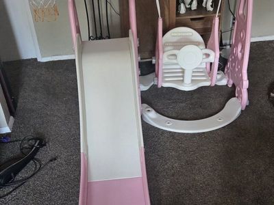 Pink and White 3-in-1 Toddler Slide and Swing Set with Basketball Hoop