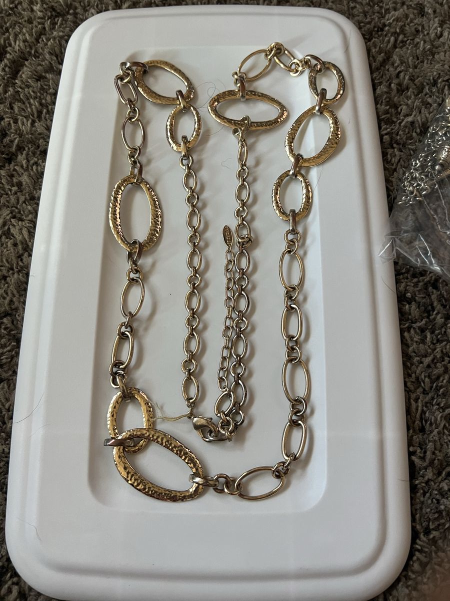 Long Gold Tone Chain Necklace with Textured Oval Links - Fashion Jewelry