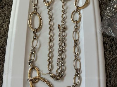 Long Gold Tone Chain Necklace with Textured Oval Links - Fashion Jewelry
