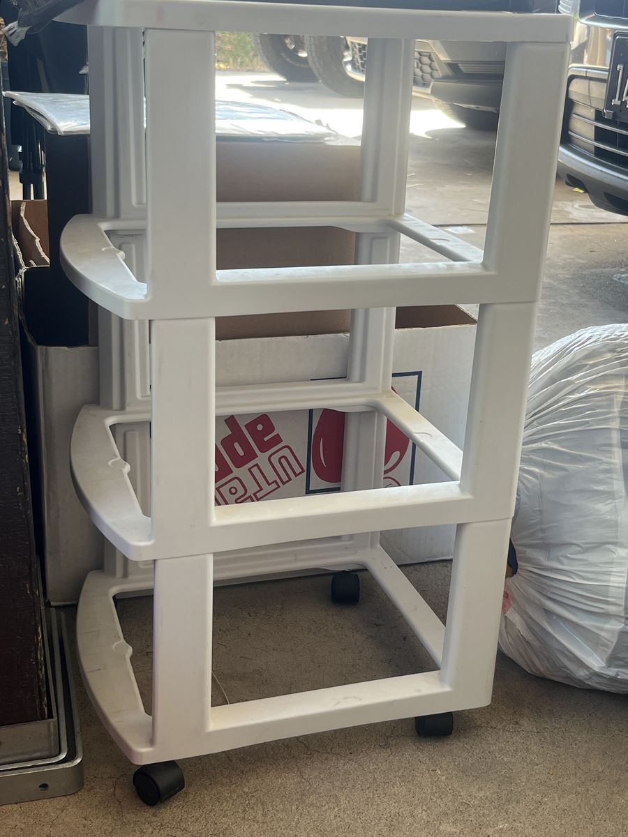 White 3-Tier Rolling Plastic Storage Cart outer shell. With all four wheels. No drawers.
