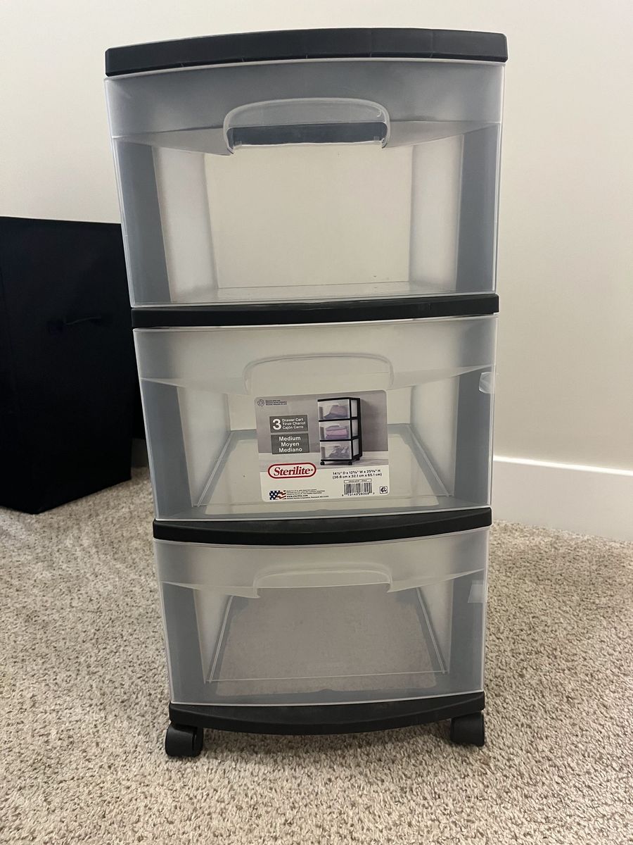 Sterilite 3-Drawer Medium Cart - Black Frame with Clear Drawers, Rolling Storage Organizer