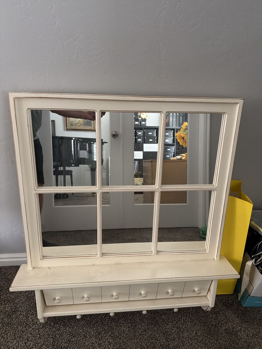 White Window Pane Mirror with Shelf, hidden tip-out shelf storage, and Hooks - Rustic/Farmhouse Decor about 35”x36”