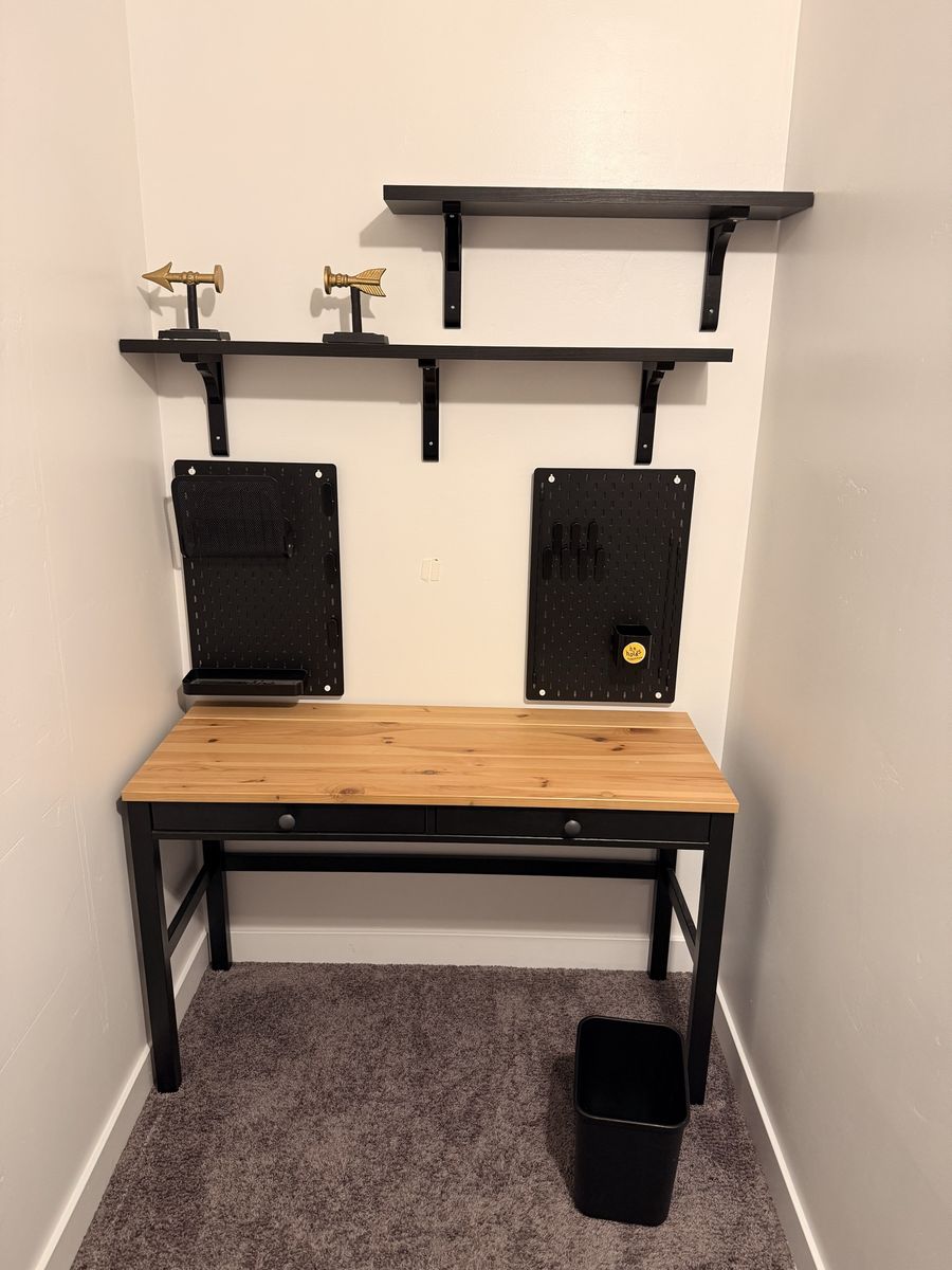 Wooden Top Desk with Black Metal Frame, Drawers, and Wall Storage