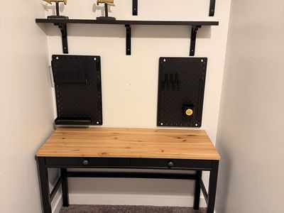 Wooden Top Desk with Black Metal Frame, Drawers, and Wall Storage