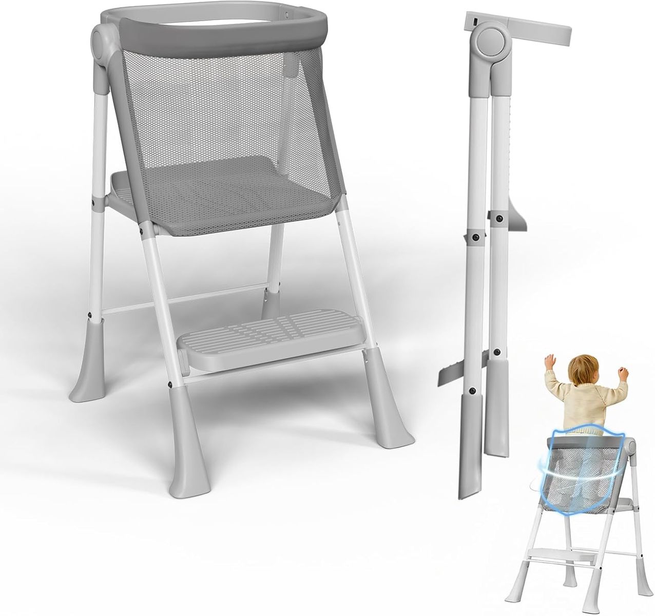 NEW Toddler Tower Foldable, Foldable Toddler Standing Tower 1-6 Years,Gray