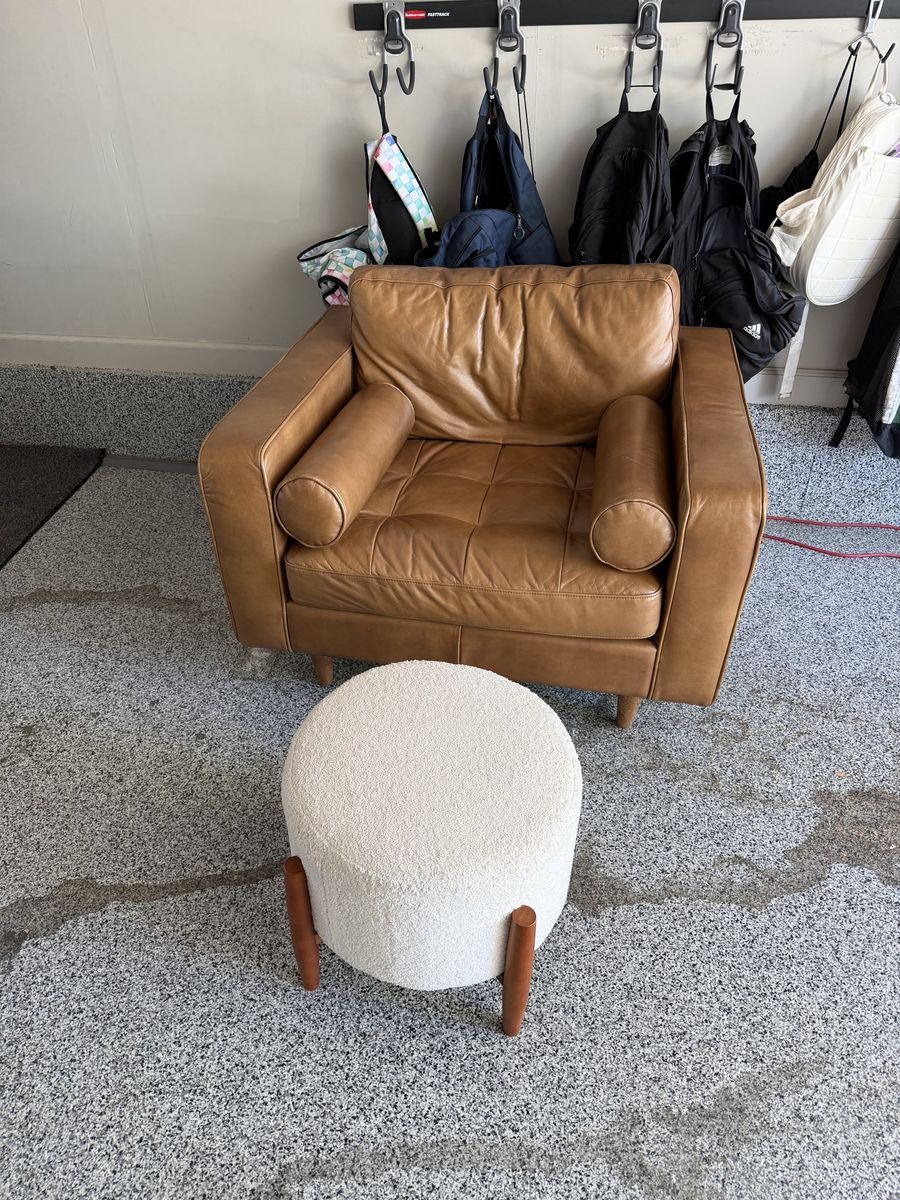 Modern Tan Leather Accent Armchair & White Boucle Ottoman Set