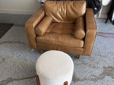 Modern Tan Leather Accent Armchair & White Boucle Ottoman Set