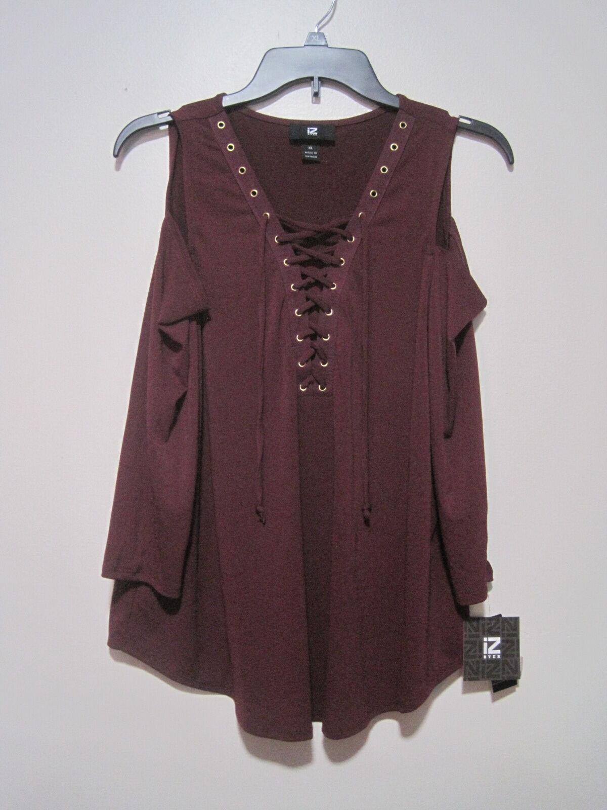 IZ Byer Purple Cold Shoulder Sleeves Crepe Lace Up Caged Front Tank Top Women XL