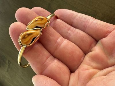 14K Gold Hinged Bypass Bangle – Double Bull Elk Ivory (22g Custom Heirloom)