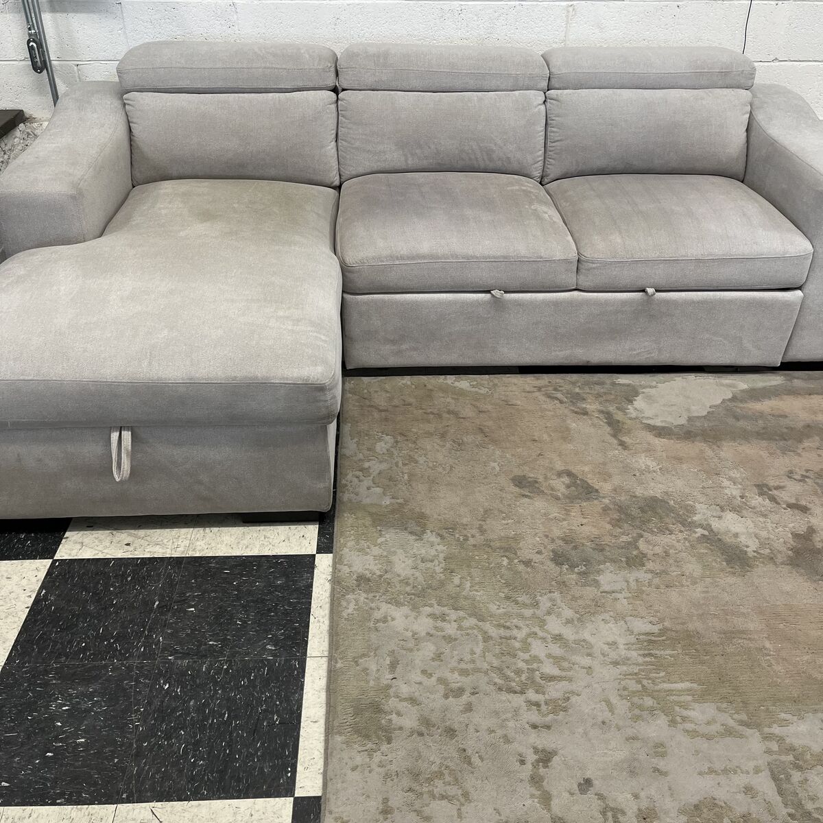 COSTCO ROXANA SLEEPER SOFA/COUCH W/ PULL OUT BED, STORAGE CHAISE, AND STORAGE INSIDE ARM RESTS!