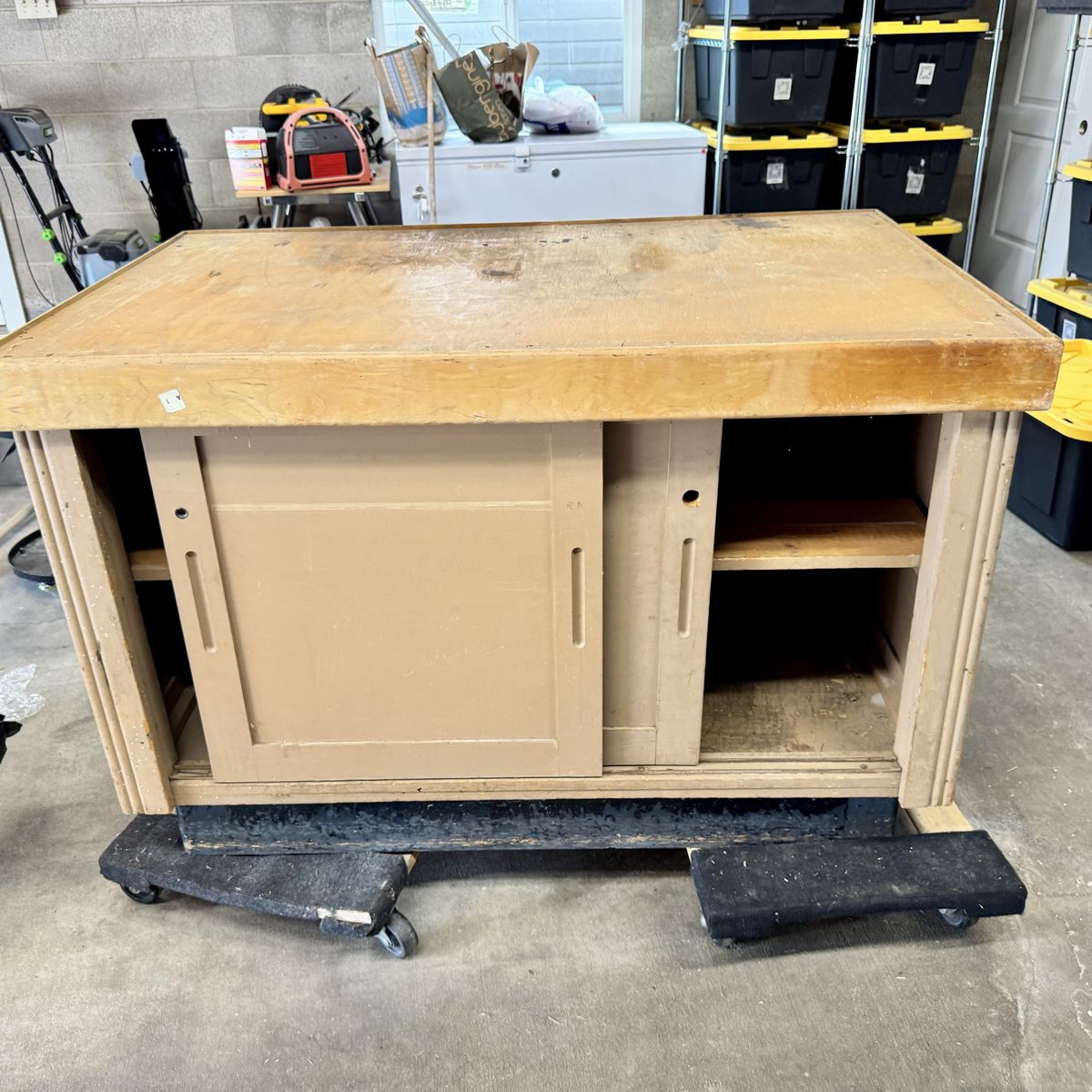 Vintage Wooden Workbench Cabinet with Sliding Doors and Storage Shelves $10