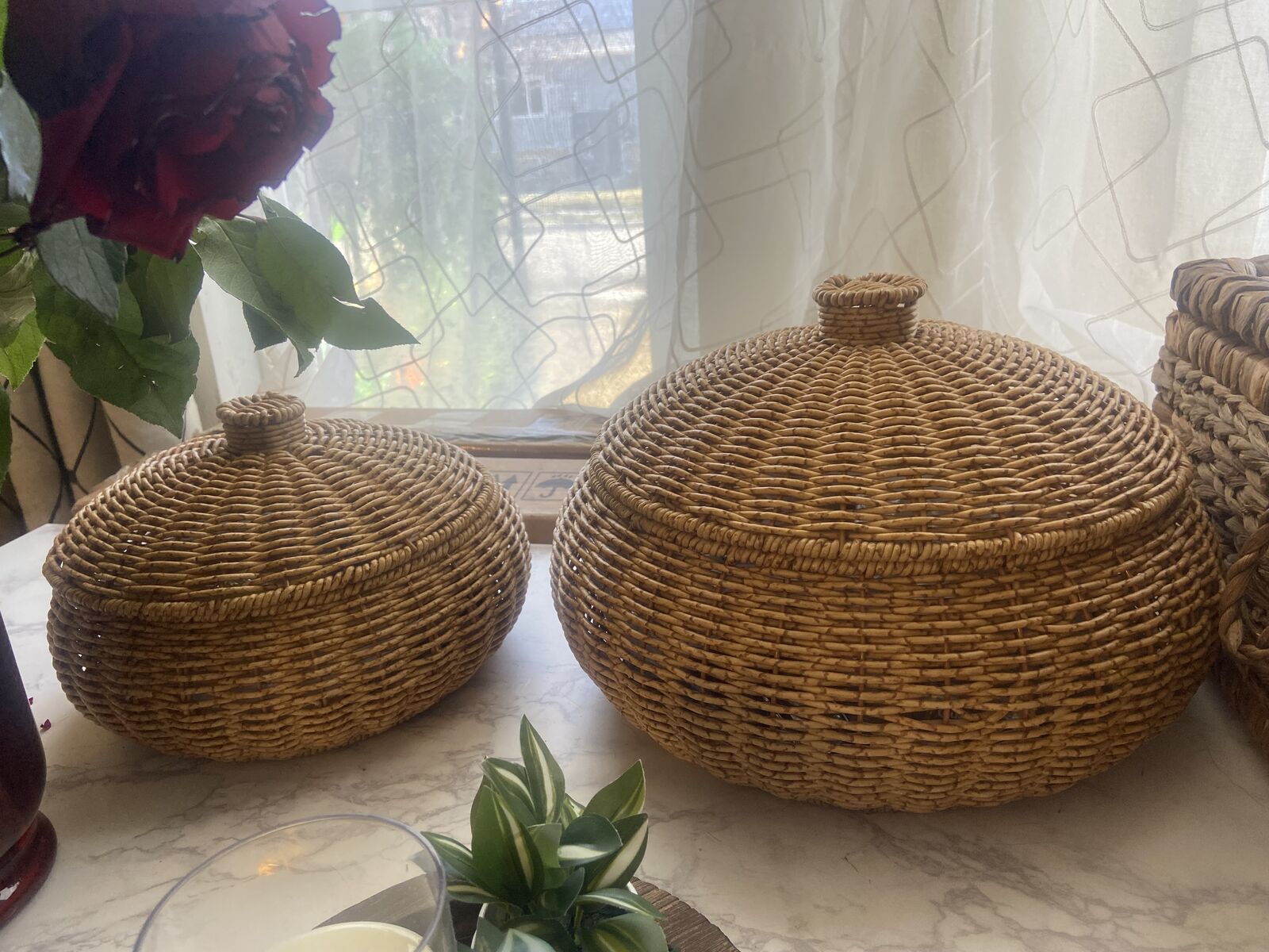 Handwoven storage baskets with lid $100 for all 3 pieces