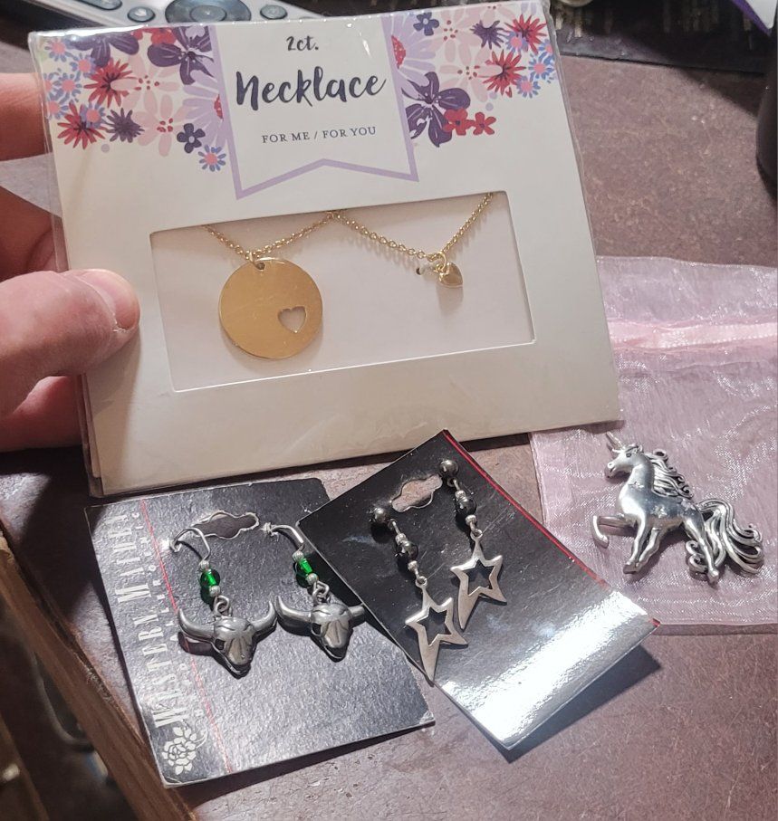 Assorted Jewelry Lot: Gold Heart Necklace, Bull Head & Star Earrings, Unicorn Pin