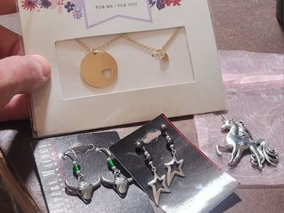 Assorted Jewelry Lot: Gold Heart Necklace, Bull Head & Star Earrings, Unicorn Pin