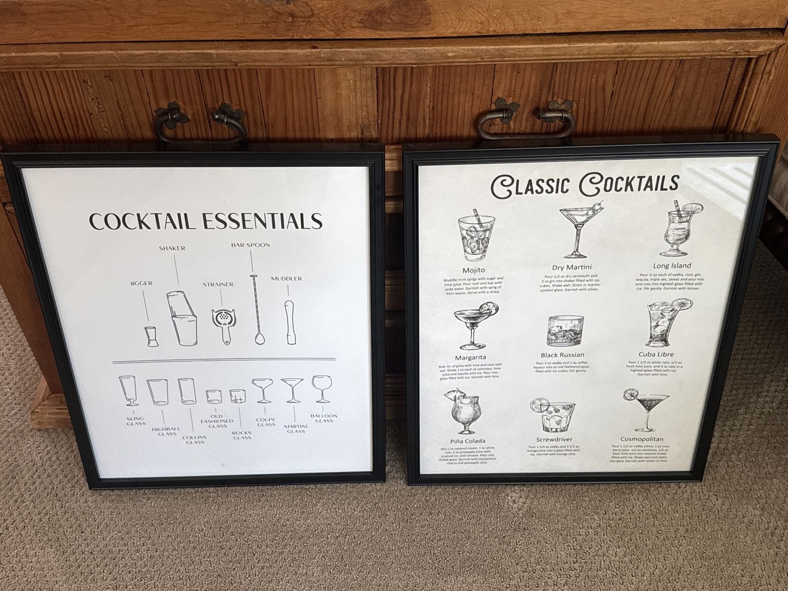 Cocktail Essentials & Classic Cocktails Framed Wall Art Set - Bar Decor