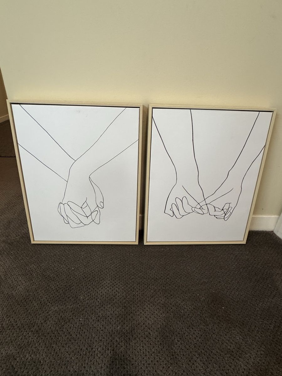 Minimalist Line Art Hand Holding Wall Decor Set - Two Framed Prints 16”x20”