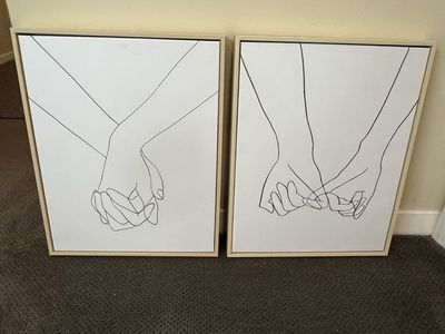 Minimalist Line Art Hand Holding Wall Decor Set - Two Framed Prints 16”x20”
