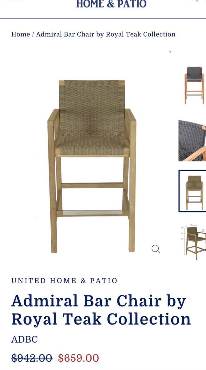 United Home & Patio Admiral Bar Chair by Royal Teak Collection - Indoor/Outdoor Woven Teak Barstool