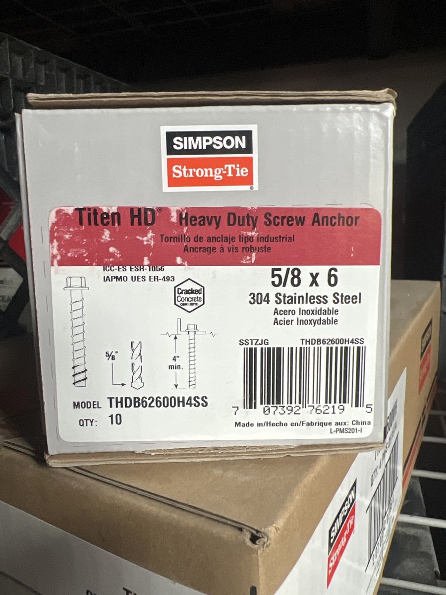 Simpson Strong-Tie Titen HD THDB62600H4SS 5/8" x 6" 304 Stainless Steel Heavy Duty Screw Anchors, Qty 10