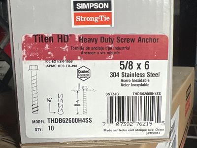 Simpson Strong-Tie Titen HD THDB62600H4SS 5/8" x 6" 304 Stainless Steel Heavy Duty Screw Anchors, Qty 10