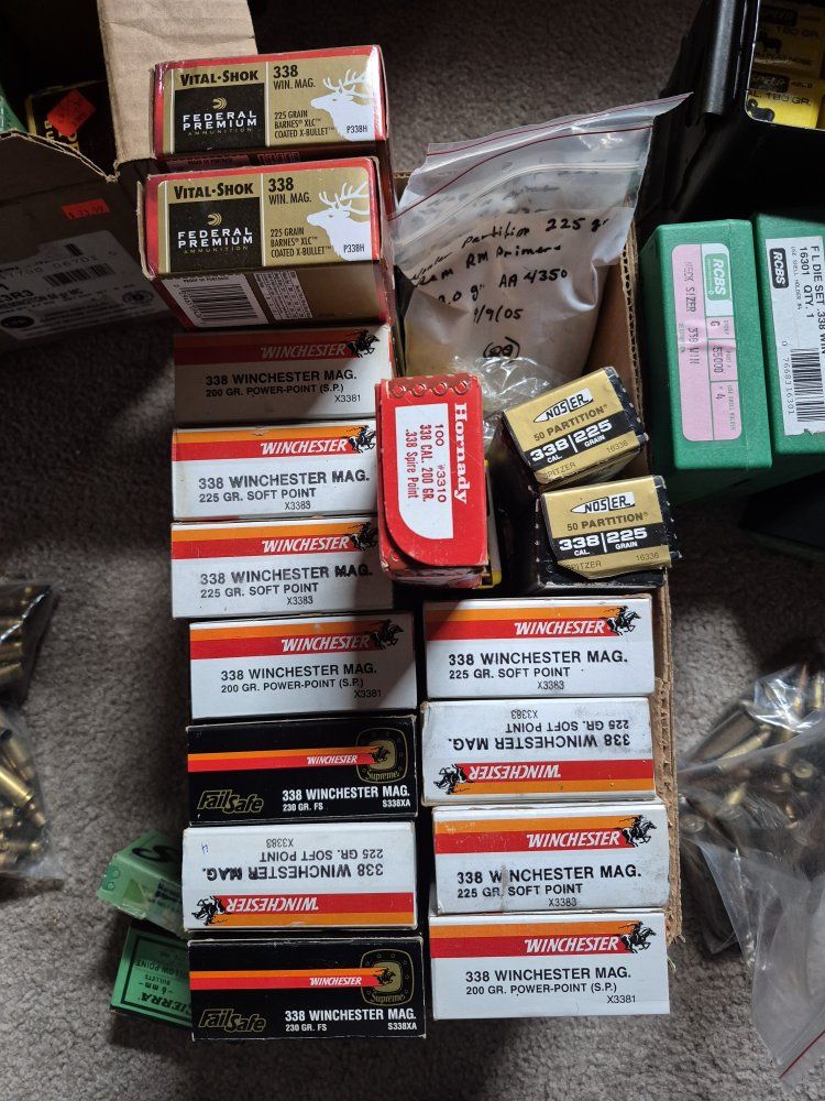 Mixed .338 Win Mag Ammunition & Reloading Components - Winchester, Federal, Hornady, Nosler, RCBS
$50 a box loaded ammo