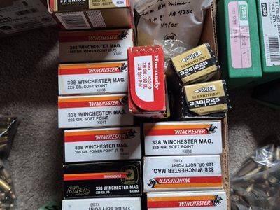 Mixed .338 Win Mag Ammunition & Reloading Components - Winchester, Federal, Hornady, Nosler, RCBS
$50 a box loaded ammo