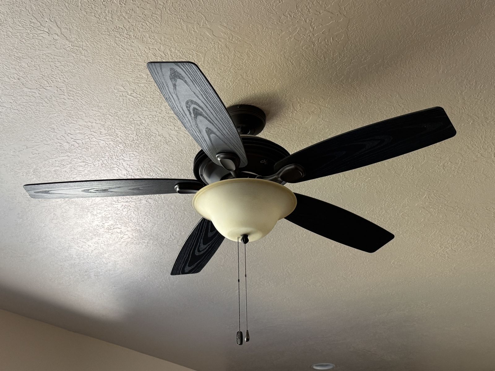 Ceiling Fan with Light Kit - Black Finish, Wood Grain Blades, Pull Chain Control