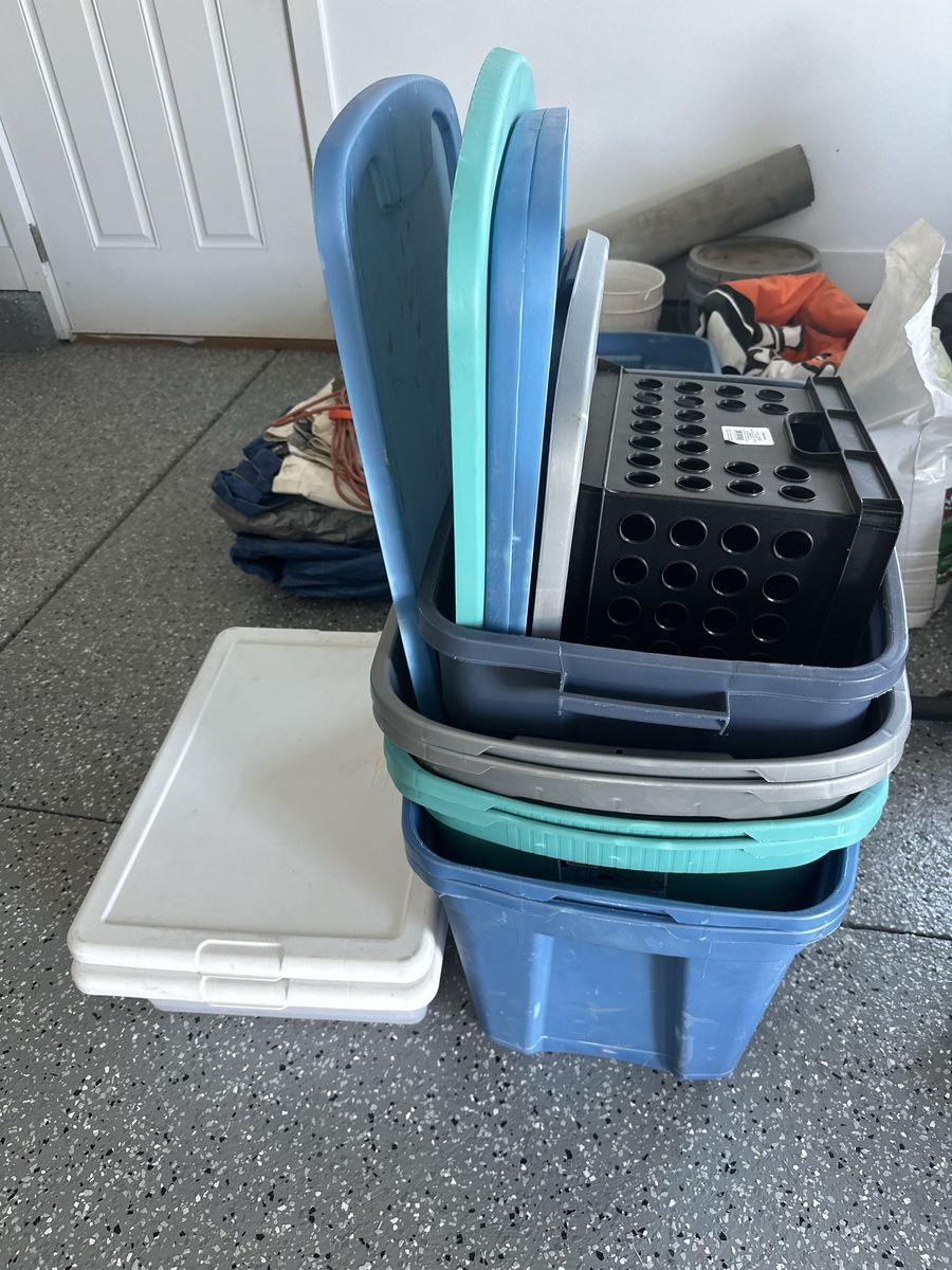 Assorted Plastic Storage Bins with Lids & Milk Crate - Various Colors