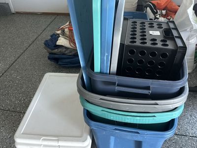 Assorted Plastic Storage Bins with Lids & Milk Crate - Various Colors