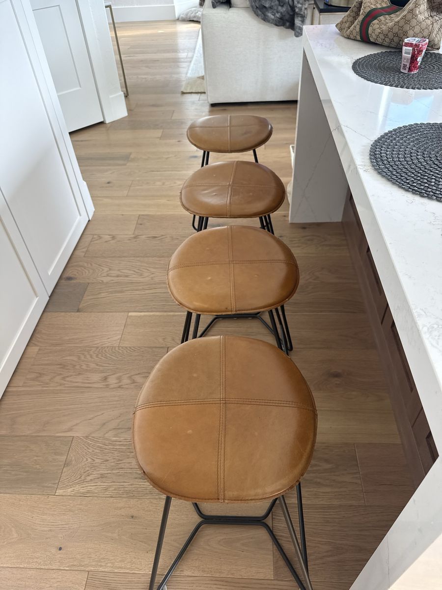 Set of 4 West Elm Brown Faux Leather Counter Height Bar Stools with Black Metal Legs