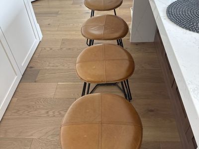 Set of 4 West Elm Brown Faux Leather Counter Height Bar Stools with Black Metal Legs