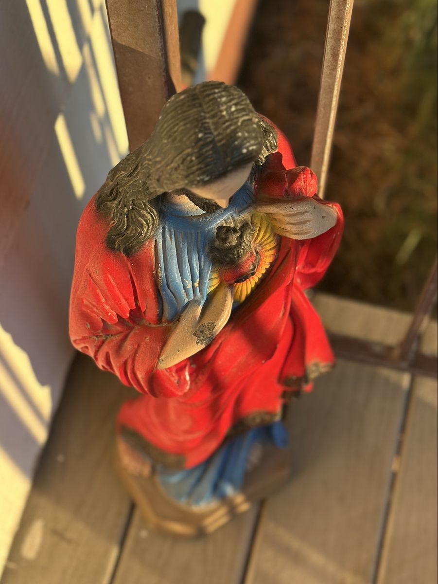 vintage sacred heart of jesus statue, hand-painted, heavy concrete (or whatever it is)
